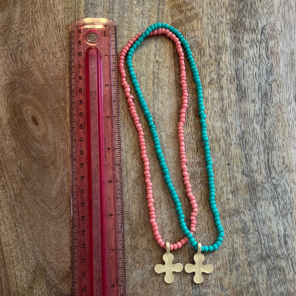 Beaded Double Strand Necklace Set with Gold Clover Charms - Coral & Turquoise
